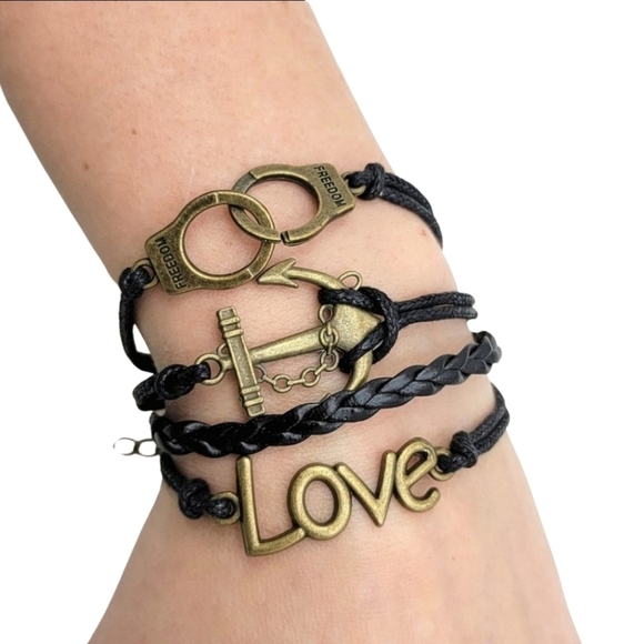 3/$20 Inspirational Black Stack Bracelet Love Anchor Freedom Hand Cuff - Picture 1 of 10